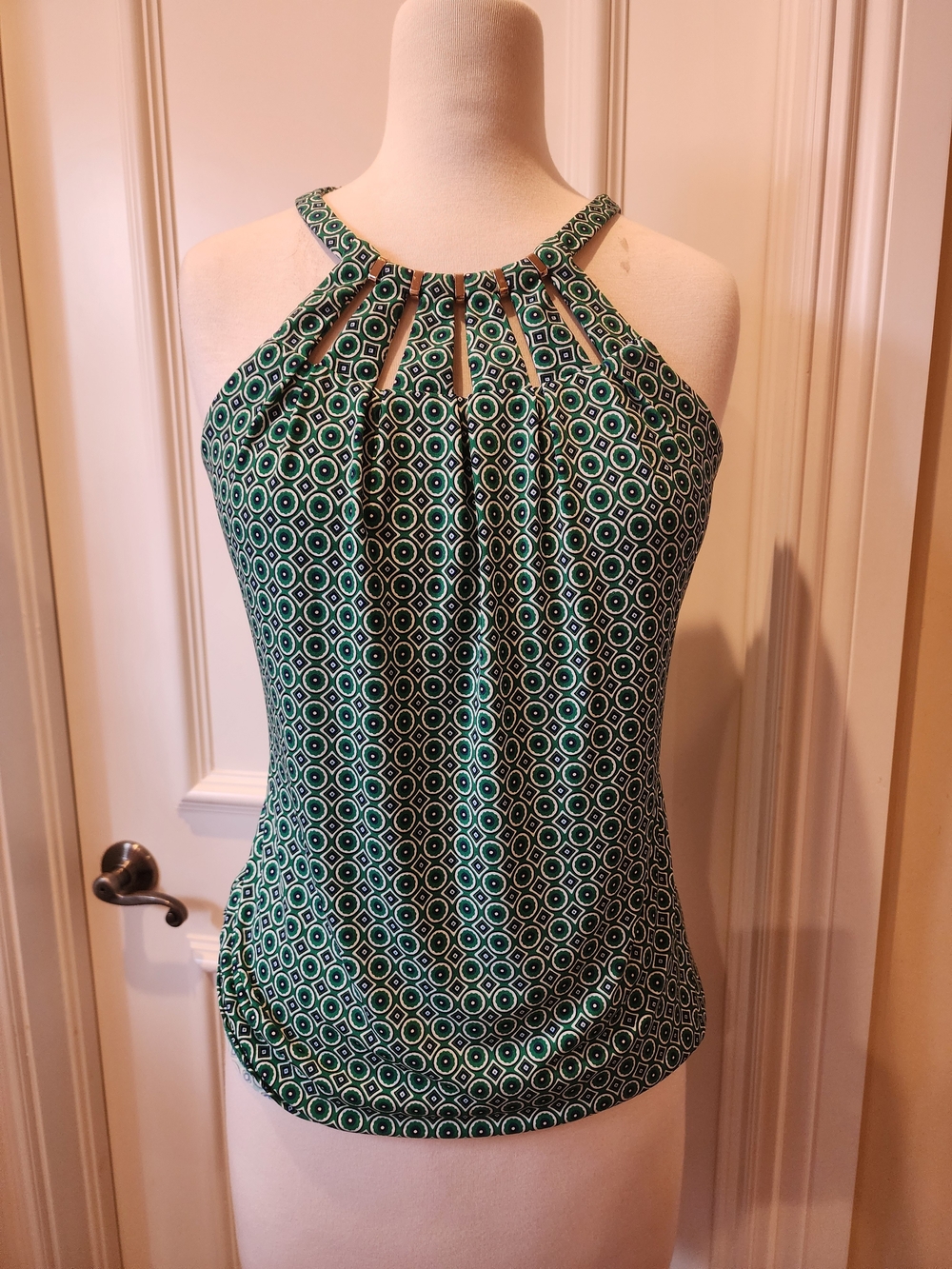 White House Black Market Green Geometric Halter-Style Blouse